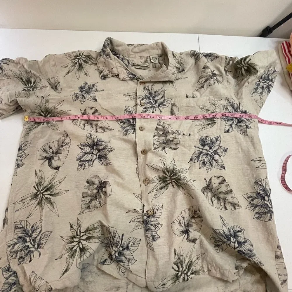 Batek Bay 100% silk mens shirt tan and blue with leaves  XXL